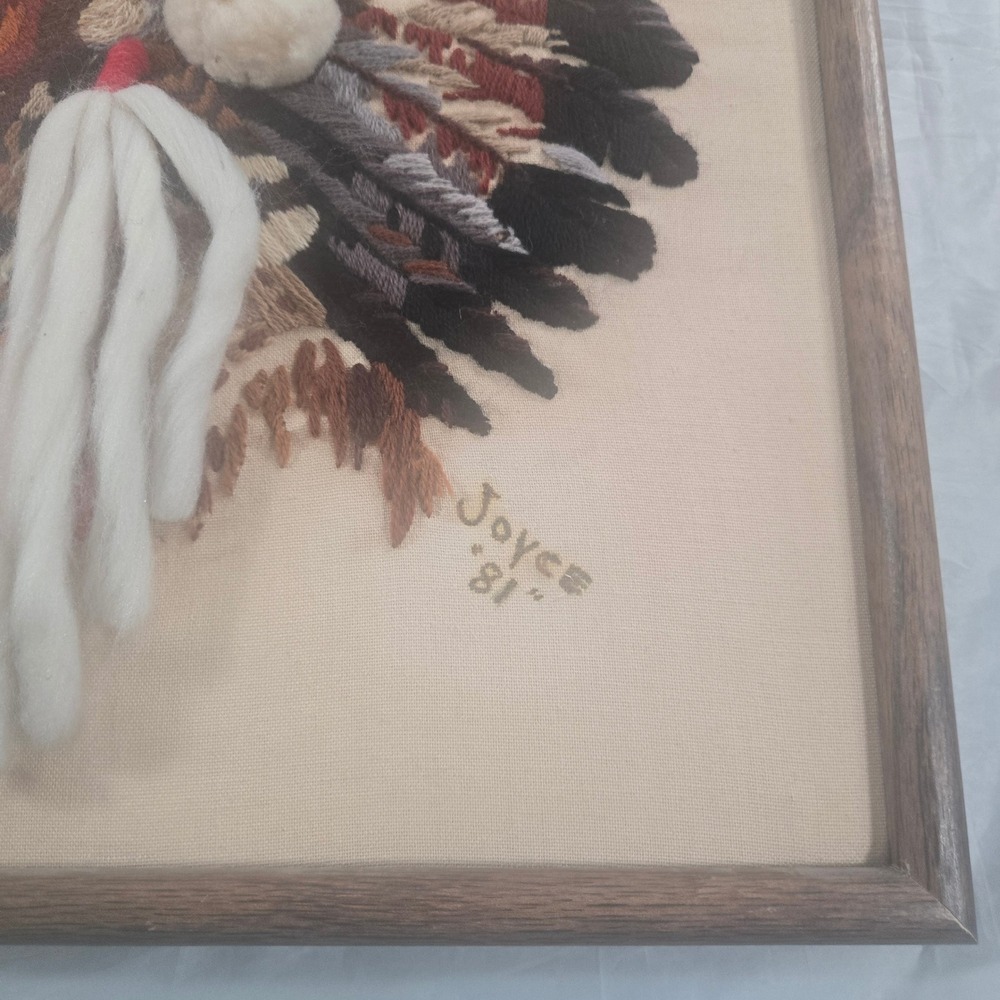 Vintage 1981 Hand Embroidery Needlepoint Native American Chief Framed Wall Art - Picture 13 of 16